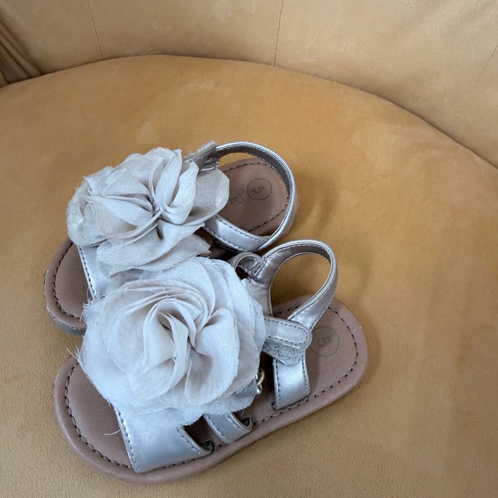 Toddler Metallic Cream Flower Sandals with Adjustable Strap